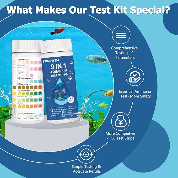 Aquarium Test Strips for Freshwater Fish – 9 in 1 Fish Tank Water Test Strips, Fast & Easy Color Chart for Beginners, Test Ammonia Nitrite Nitrate pH Chlorine Hardness, 50 Strips