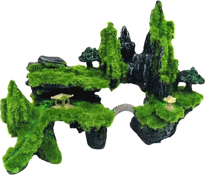 Tfwadmx Fish Tank Mountain View Decoration Aquarium Stone Ornament Bridge with Moss Tree House Cave for Small Betta Shrimp Hide