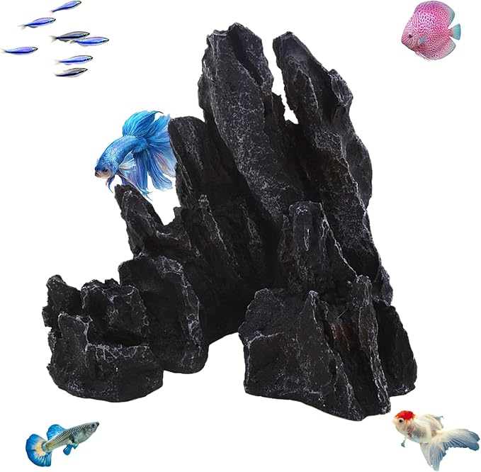 AnRui Aquarium Mountain Artificial Jagged View Stone Decorations Resin Betta Cichlids Hideaway Rock Aquascaping Hiding Cave Hermit Crab Hideout Ornaments (Small)