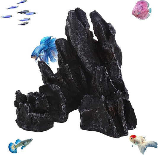 AnRui Aquarium Mountain Artificial Jagged View Stone Decorations Resin Betta Cichlids Hideaway Rock Aquascaping Hiding Cave Hermit Crab Hideout Ornaments (Small)