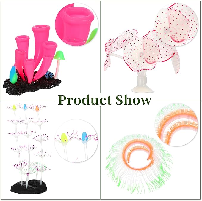 Silicone Glowing Aquarium Decorations, Fluorescence Coral, Glowing Sea Anemone Decor, Glowing Sucker Coral for Aquarium Decor Purple Pink Green 1 Set