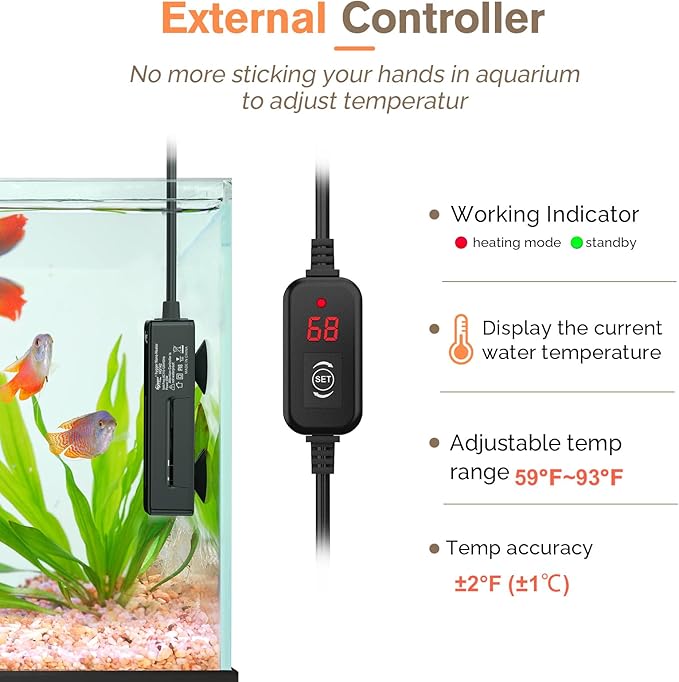 hygger Mini Fish Tank Submersible Heater 75W for 10-15 Gallons Small Betta Aquarium Heater with Digital Display Controller Adjustable Temperature