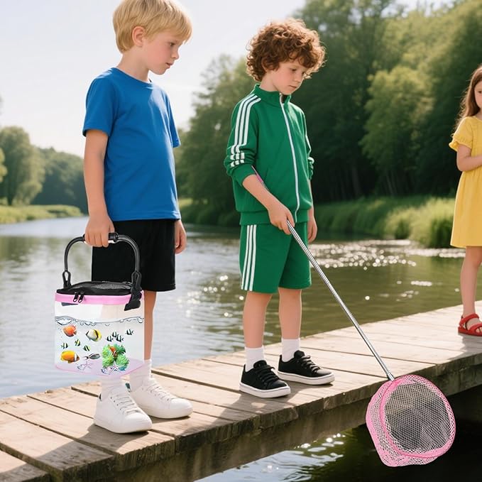 2 Sets Catch Plastic Beach Aquarium Kit, Release Aquarium Box for Beach with Retractable Net Bag and Transparent Portable Handheld（Pink）