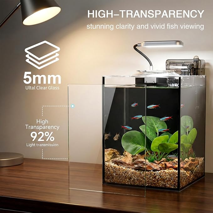 2.2 Gallon Betta Fish Tank, Small Aquarium Kit,Glass Small Fish Tank,Betta Fish Tank with a lid and Light and Filter, Small Transparent Glass Fish Tank with Light and Filter(Black Glass Background)