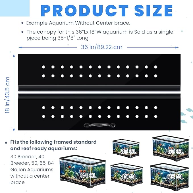 Sieral Aquarium Polycarbonate Canopy Set 35.13 x 17.13 x 0.12 Inch for 50/65/84 Gallon Without Center Brace Aquariums Cover Fish Tank Lid with a Hook Knife, Breathable Hole, Handle(Black)