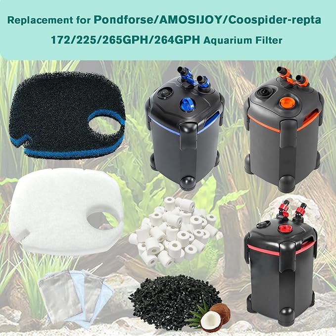 16 Pcs Fit Pondforse and AMOSIJOY 172/225/265GPH/264GPH Aquarium External Filter and Coospider-repta Aquarium Filter, 6 White Floss, 2 Coarse Filter Pads, 2 Coconut Shell Carbon, 2 Ceramic Rings&4 Bag