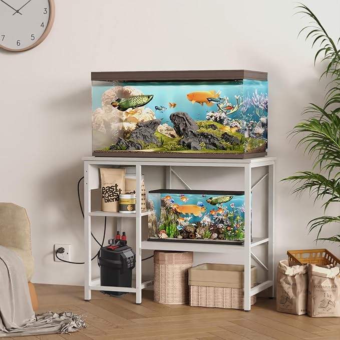 BEURUKU 40-50 Gallon Fish Tank Stand With Power Outlet & LED Light, Metal Aquarium Stand, 3 Tier Adjustable Storage Shelves for Reptile, Turtle, 36" L*18.5" W, White