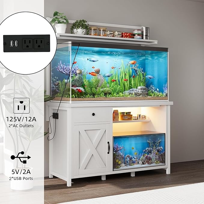 55-75 Gallon Fish Tank Stand with Power Outlet, Led Light, Heavy Duty Aquarium Stand with Cabinet for Fish Tank Accessories Storage, Shelf, for Turtle Tank, Reptile Terrarium, 1100 LBS (White)