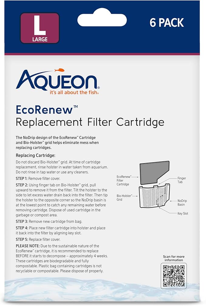 Aqueon Genuine EcoRenew Filter Cartridges, for Freshwater and Saltwater Aquariums, Large, 6-Pack