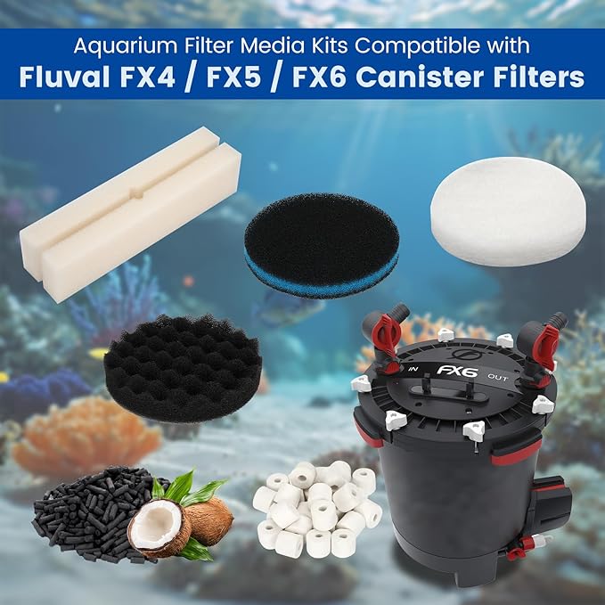 24 PCS Fx6 Aquarium Media Kits, Compatible with Fluval FX4/FX5/FX6 Canister Filters, Including Bio-Foam Block, Carbon Sponge Filter, Ceramic Ring, Silicone Lubricant, Activated Carbon, Mesh Bag
