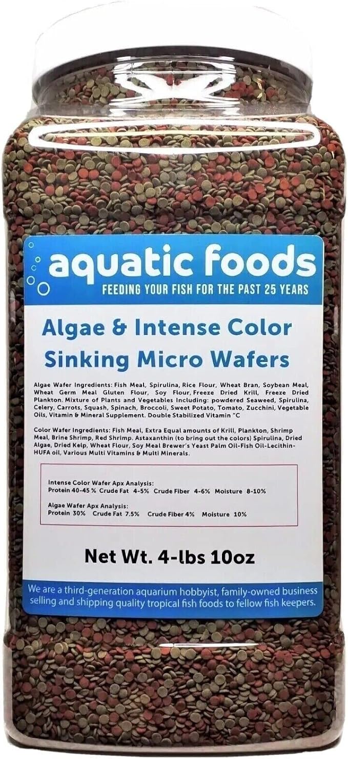 3.5mm - 1/8" Micro Wafer Mix of Spirulina Algae & Intense Color Enhancing Sinking Micro Wafers for Catfish, Plecos, Bottom Fish, Shrimp, Crabs, All Tropical Fish…4-lb & 10oz Lg Jar
