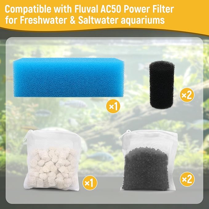 Big Peng AC50 Aquarium Filter Media Maintenance Kit Compatible with Aquaclear Fluval AC50 Power Filters, Includes 1 Blue Foam, 2 Activated Carbon, 1 BioMax Pellets, 2 Intake Strainer Sponge