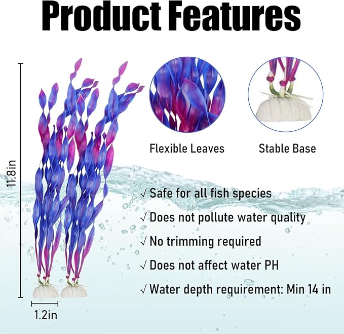 Artificial Aquarium Plants, Green Plastic Fish Tank Decorations, 12 Inch Tall Water Plants with Stable Base, 10 Pack, Safe for Fish (Purple)