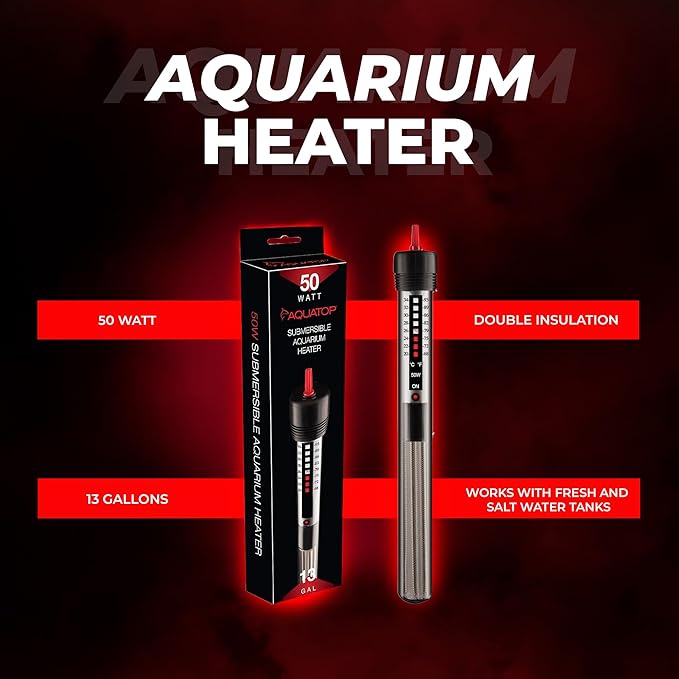 Aquatop 50W Aquarium Submersible Glass Heater – Adjustable Temperature 68-93°F – Fish Tanks Up to 13 Gal – for Freshwater & Saltwater Use – GH-50