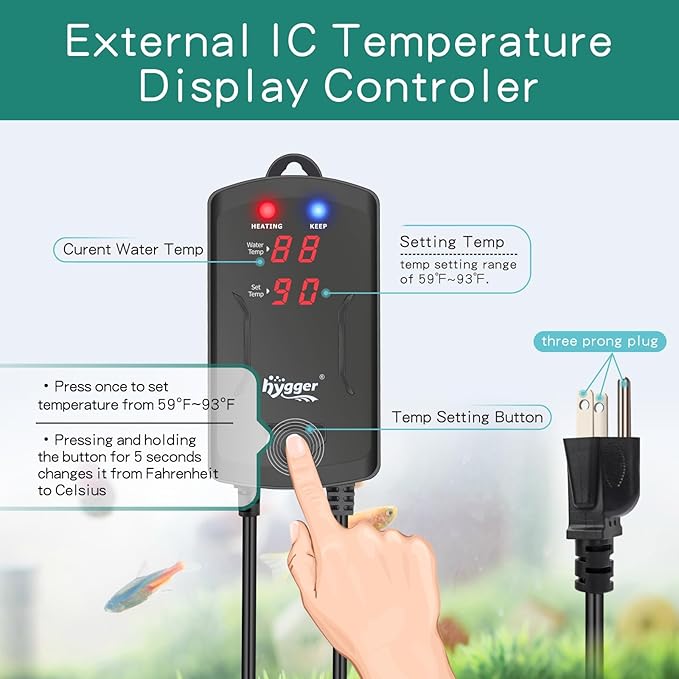 hygger Submersible Aquarium Heater with External Controller & LED Display - 200W Fully Submerged Fish Tank Heater for Freshwater Saltwater - for 25 to 50 Gallon Tanks