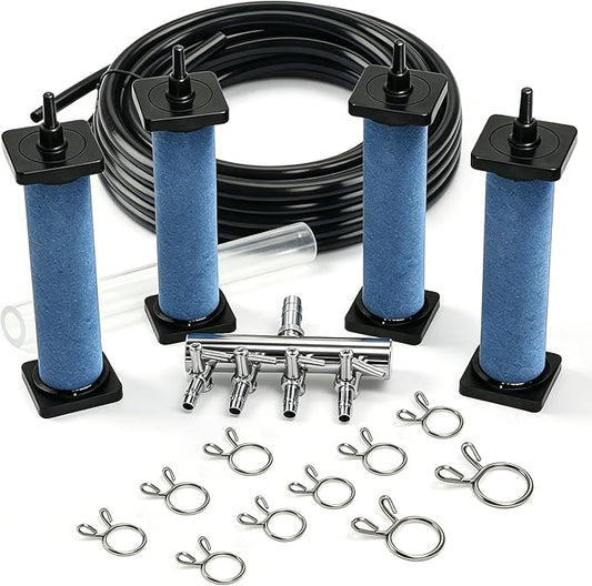 POPOSOAP Pond Aerator Accessories Kit Compatible with Air Pumps, 52FT Black Airline Tubing with 4-Way Splitter & 4 Bubble Stones Aeration Set for Outdoor Pond Fish Tank Septic Tank Water Garden P801