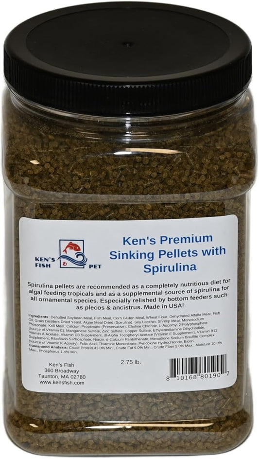Ken's Fish & Pet Premium Sinking Pellets with Spirulina 2.75 lb. Jar