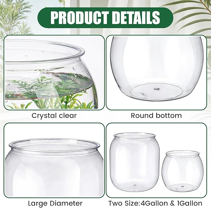 2 Pcs 4 Gallon & 1 Gallon Plastic Fish Bowl Large Round Clear Betta Aquarium Fish Tank Shatterproof Goldfish Bowl Hydroponic Planter Multi-use Container for Terrarium Flower Vase Centerpiece