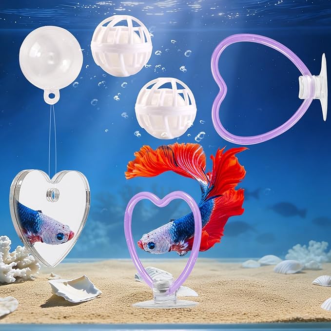 Betta Fish Toys, 2 PCS Heart Fish Exercise Ring and Nitrifying Balls Set, Heart Betta Mirror Toy Set, Feeding Ring with Suction Cup, Fishing Tank Accessories for Gifts (Purple)