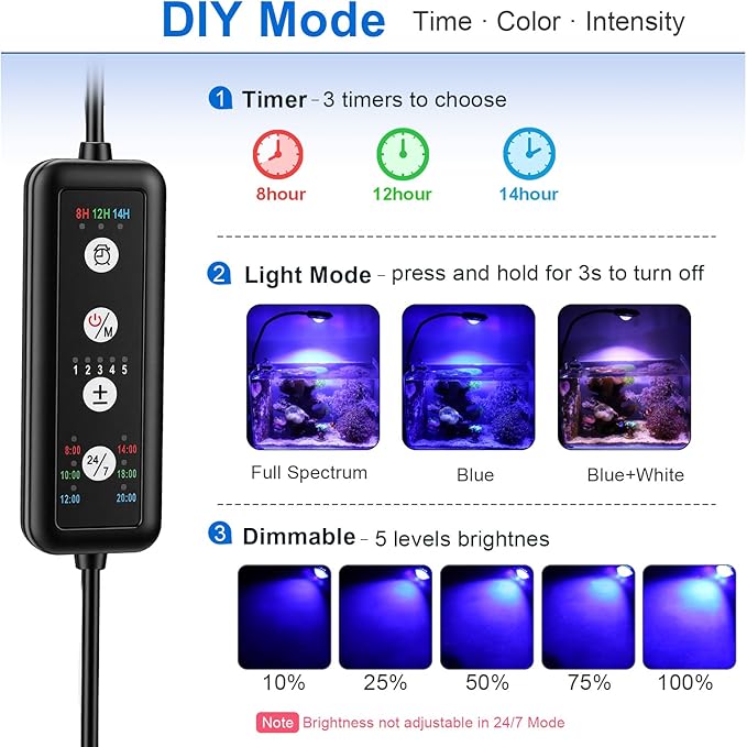 hygger Saltwater Aquarium Light - 35W Dimmable Full Spectrum with 3 Light Modes & Timer, 24/7 Auto Cycle for Refugium, Soft Corals, LPS Marine Tanks, Flexible Gooseneck Mount with Clip