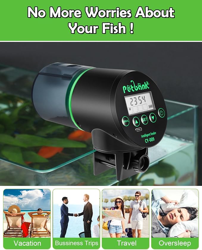Automatic Fish Feeder - Rechargeable Timer Fish Feeder with USB Charger Cable, Fish Food Dispenser for Aquarium or Fish Tank