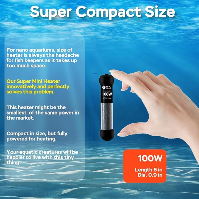 AquaMiracle 100W Small Aquarium Heater Fish Heater, Super Mini Fish Tank Heater Turtle Tank Heater for 10-20 Gal Tanks, with Dual LED Display, Dry-Run/Overheating Protection & Memory Function