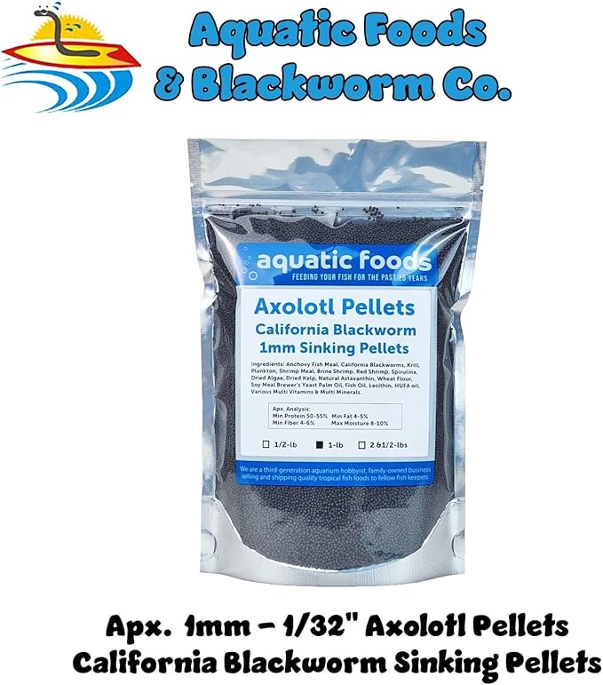 Axolotl Blackworm Pellets. 1mm-1/32 Sinking California Blackworm Micro Pellets for Baby Axolotl, Frogs, Shrimp, Salamanders, Newts, Snails…1-lb Pouch Bag