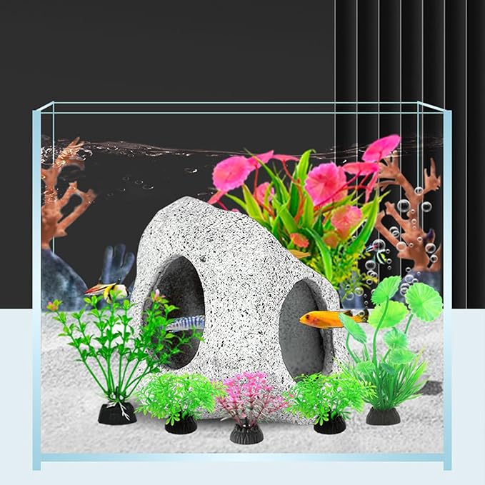 Fish Tank Decorations kit, Aquarium Decor Hideaway Rock Cave x 1pc, Fish Tank Accessories Aquatic Plants x 6pcs