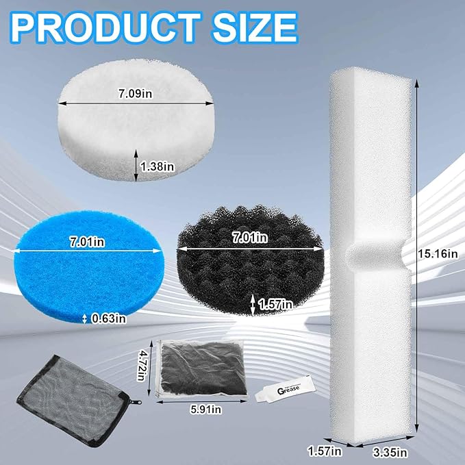 Threlaco 34 Pcs Aquarium Filter Media Kit Compatible with Fluval Fx2 Fx4 Fx5 Fx6, Including 6 Foam Block, 6 Packs Activated Carbon, 4 Mesh Bags, 10 Foam Pads, 6 Water Polishing Pads, 2 Silicone Lube
