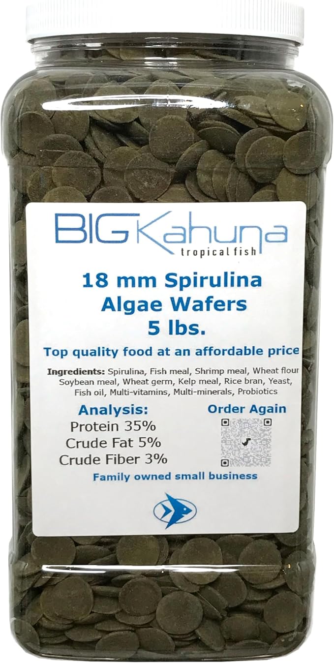 Premium Sinking Spirulina Algae Wafers Ideal for Plecos, Catfish, Shrimp, Snails, and Other Bottom Feeding Fish 5 lbs. Jar (18 mm Spirulina)