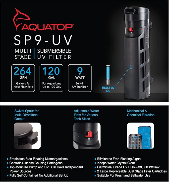 Aquatop 264 GPH Internal Filter with 9W UV Light - for Up to 100 Gallon Fish Tanks, UV for Crystal Clear Water, Fresh & Saltwater Use, Aquarium Filters for Fish & Turtle Tanks, SP9-UV
