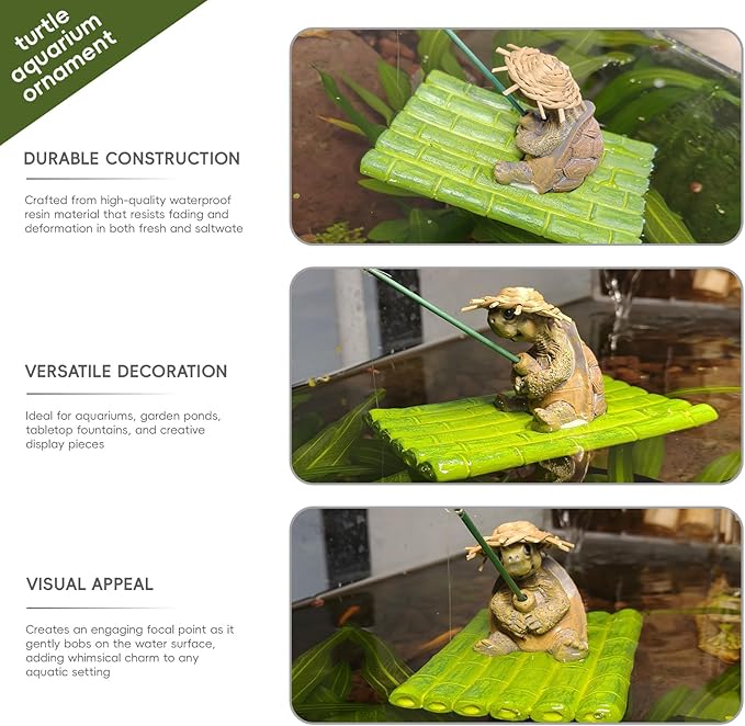 Resin Turtle on Leaf Raft Adorable Floating Aquarium Decor with Straw Hat Resin Figurine for Aquatic Fun
