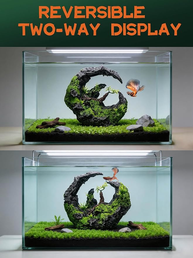 Aquarium Decor - Large Moon Shaped Cave Ornament for Fish Tank, Aquarium Hideout with Rock Texture for Betta, Goldfish, Shrimp - Safe Aquatic Decorations,Easy Superior Aquascape (Moon Valley)