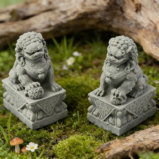 livelyfish Asian Fu Foo Dogs Statues Mini Pair of Two Guardian Lion Sandstone Figurine Pets Fish Tank Aquarium Landscape Ornaments Accessories Feng Shui Decorations (M2)