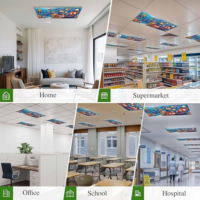 Marine Organism 4PCS Fluorescent Light Covers - Lampshade Ceiling Lights with 10 Magnets Fixtures, Underwater World Fish Coral Light Filters Cover Panel for Soften Glare Indoor Spaces Supplies