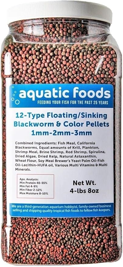 12-Type Floating & Sinking Blackworm & Intense Coloring 1mm, 2mm, 3mm Pellets for Discus, Cichlids, All Tropicals, Koi and Pond Fish…4-lb & 8oz Lg Jar