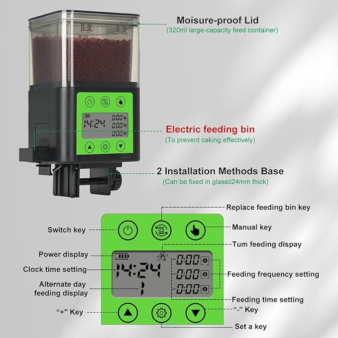 Lychee Automatic Fish Feeder USB Rechargeable 320ML Large Capacity Aquarium Fish Food Dispenser with Two Feeding Ring, Moisture-Proof-Aquarium Electric Timer Feeder for Vacation Business Trips