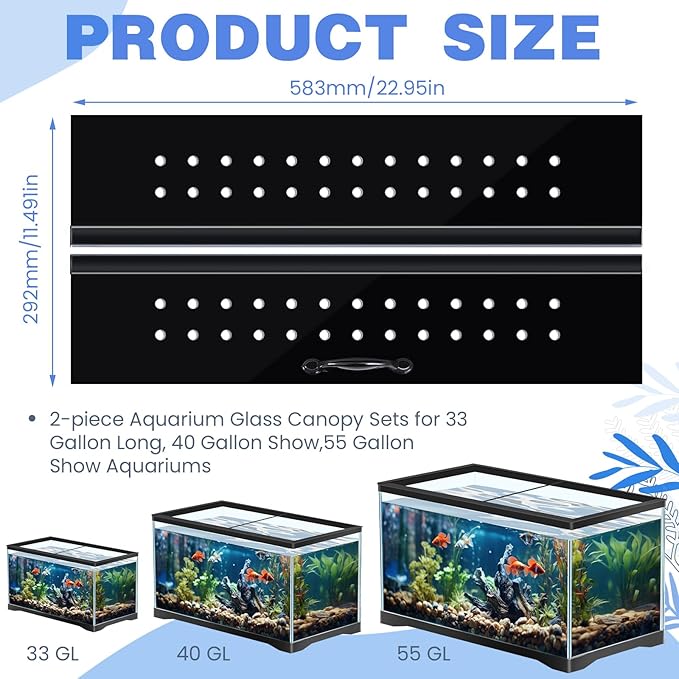 Sieral Aquarium Polycarbonate Canopy Set 2 Pcs 22.95 x 11.5 x 0.12 Inch for 33/40/55 Fish Tank with Center Brace Aquariums Cover Fish Tank Lid with a Hook Knife, Breathable Hole and Handle, Black