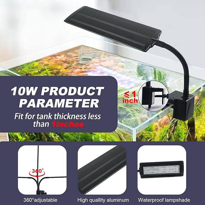 Clip on Aquarium LED Light,Fish Tank Light for 5-20 Gallon,with Timer Auto On/Off 24-Hour Cycle, White Blue Red LEDs Lighting Built-in 5 Brightness Levels Memory Function
