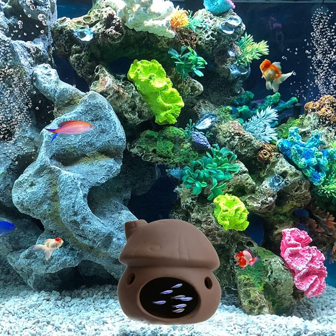Aquarium Decor Ceramic Mushroom House Ornament Fish Tank Landscape Decoration Pottery Hide Cave Habitat Hut Small Shrimp for Goldfishes to Rest Breed Hiding (Brown)