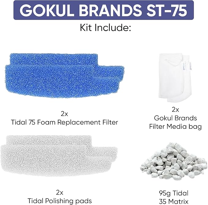 Tidal 75 Filter Maintenance and Replacement Filter Media Kit, Including Gokul Brands Aquarium Filter Media Bags (Tidal 75 Polishing Pads, Foam Filter Sponge, Matrix Bio Media)