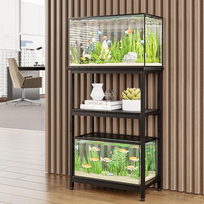 APPOLYN 5-10 Gallon Fish Tank Stand, Metal Aquarium Stand with Storage, 3-Tier Shelf Tank Stand, 10 Gallon Fish Tank Stand with 20.5" L x 11.4" W Tabletop, Black