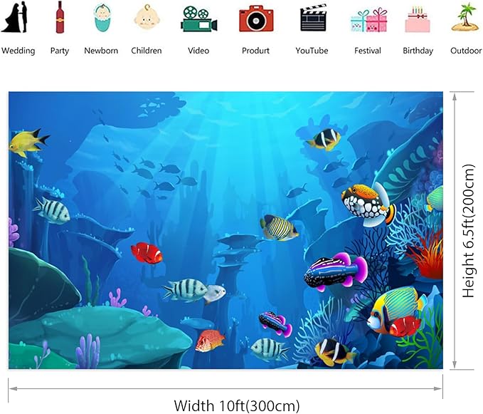 Renaiss Underwater World Aquarium Backdrop 10x6.5 ft Fabric Coral Reef Tropical Fish Mermaid Summer Party Photography Backdrop Under The Water Fish Tank Background for Birthday Baby Shower Decor