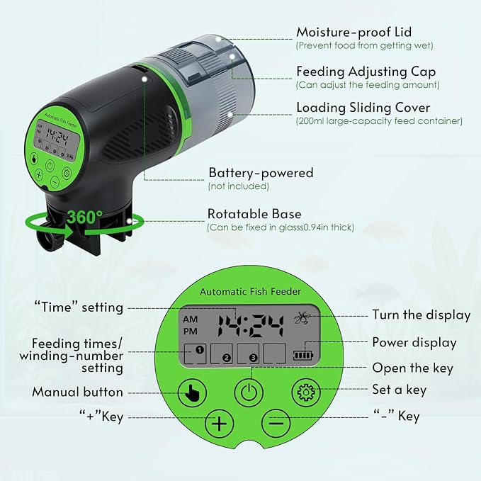 Podazz Automatic Fish Feeder, Electric Auto Timer Fish Food Dispenser with Moisture-Proof Feature, Suitable for Aquarium or Tank, Ideal for Vacation Weekend - Green
