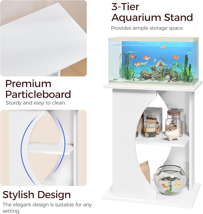 MAHANCRIS 10 Gallon Fish Tank Stand, Wooden Aquarium Stand with 3-Tier Storage Shelves, Heavy Duty Turtle Reptile Terrarium Tank Stand for Home Office, 23.6" L x 11.8" W x 29.9" H, White FTWT7601