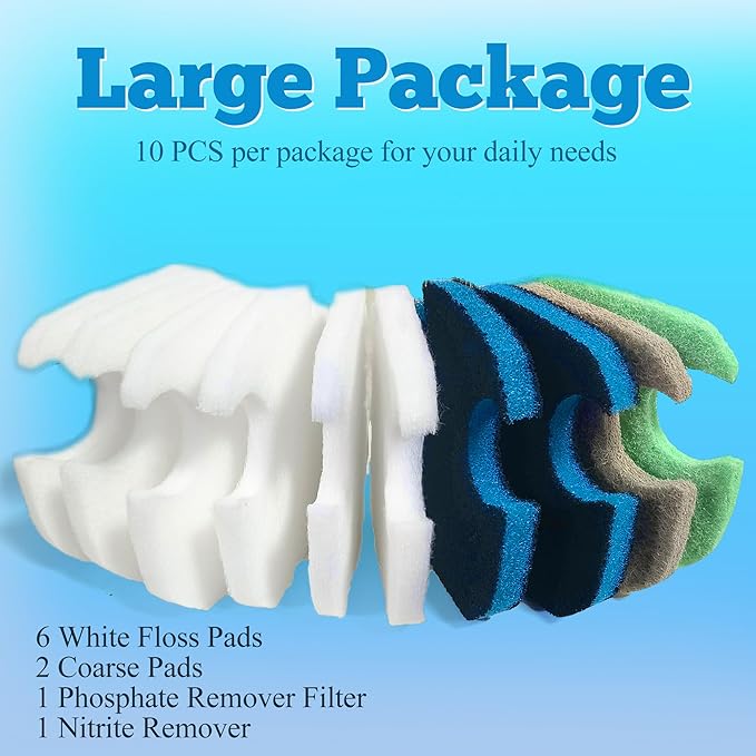 PurifyLogix Replacement Canister Filter Pads Compatible with AMOSIJOY 172/225/265GPH Aquarium External Filter, 6 White Floss & 2 Coarse Pads & 1 Phosphate Remover Filter & 1 Nitrite Remover (10 Pcs)
