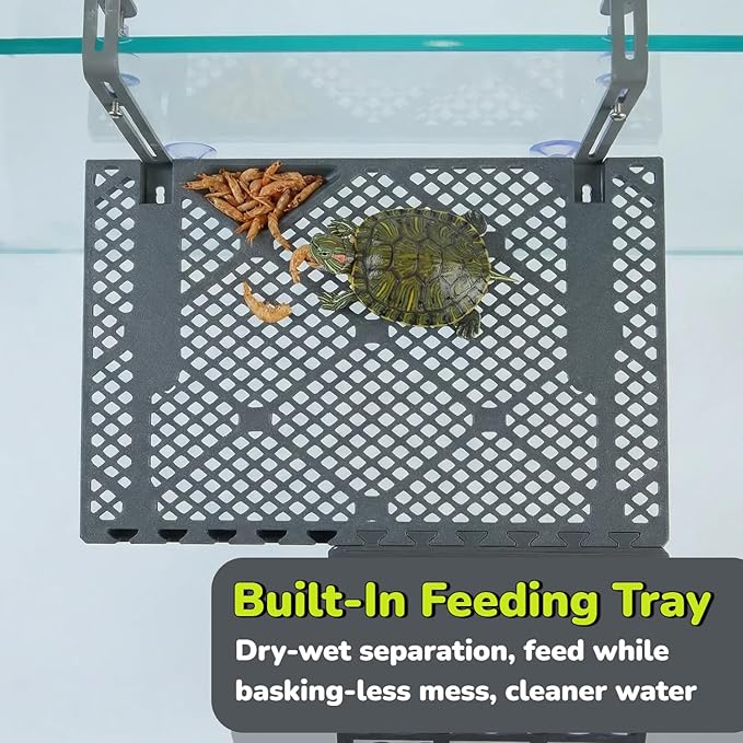 Large SolidForm Hanging Turtle Basking Platform with Built-in Food Tray, Zero Zip-Tied, Non-Slip Ramp Terrace, Resting Turtles Dock, for 50–120 Gallon Aquariums Turtle Turtle Tank Accessories