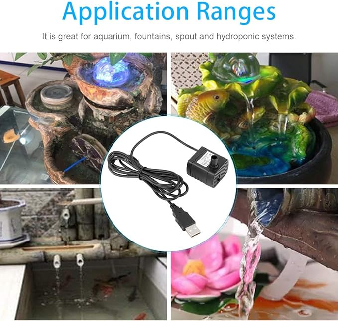 Water Pump Cable, 5V USB Durable Indoor Miniature Fountain Water Pump, 150L/H ABS Black Mini Submersible Water Pump Accessory for Hydroponics Pond Fish Tanks Aquarium Pet Fountain, Water Pump Bru
