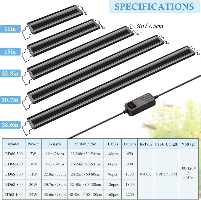 FEDOUR Aquarium LED Light, Full Spectrum Aquarium Plant Light with Timer, Extendable Metal Brackets, for Fish and Plant Tank (16-24 inch)