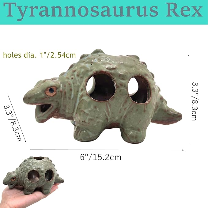 M2cbridge Aquarium Ceramic Cave Rock for Betta Shrimp Cichlid Fish Hideout Decor (Small Dinosaur 2pcs)